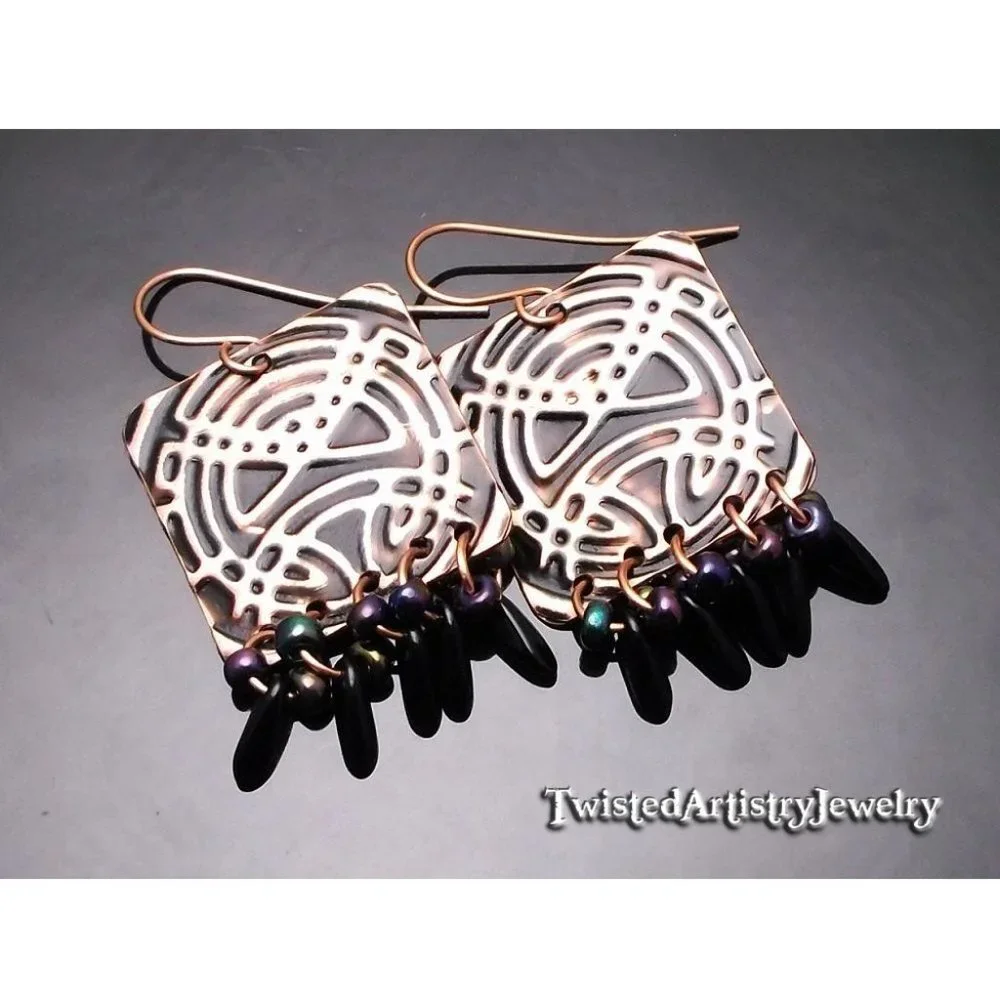 Black and Copper Celtic Square Chandelier Earrings - Picture 1 of 6